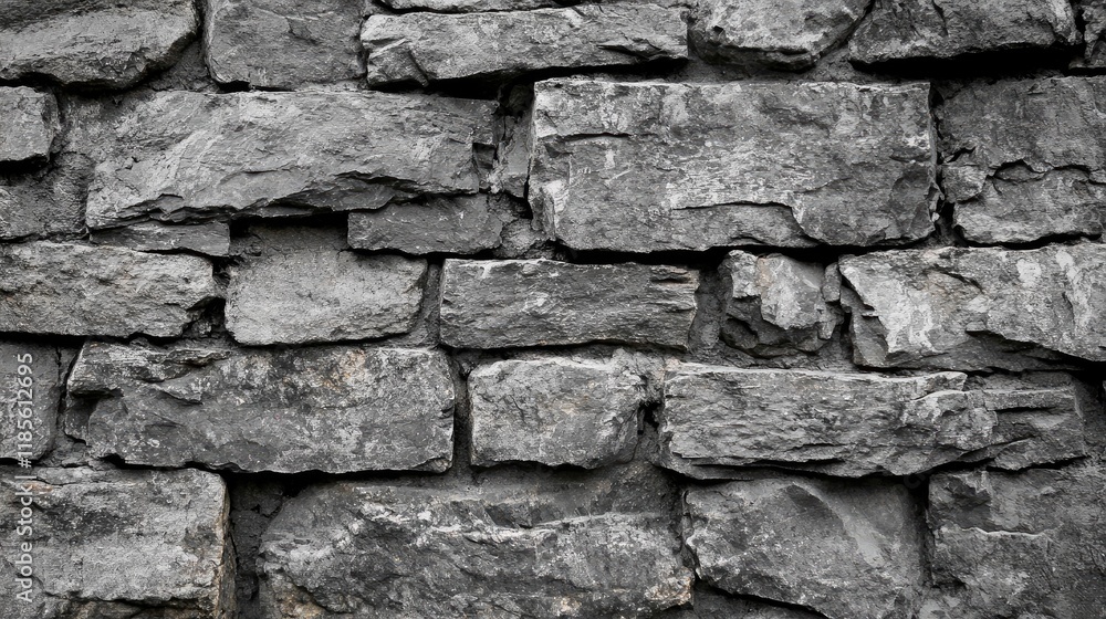 Poster rough textured gray stone wall with irregular blocks for architectural and background applications