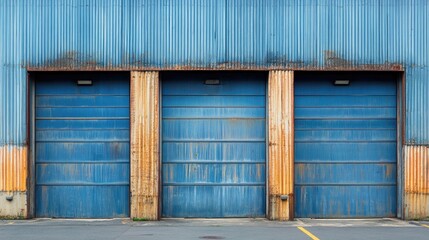 Industrial corrugated steel facade with three blue garage doors and rust accents on a textured surface in an urban environment.
