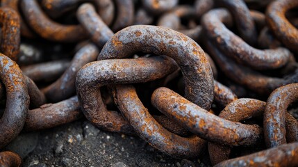 Rusty Industrial Iron Chains Entangled on the Ground Featuring Textured Surfaces and Natural Elements in a Grunge Setting