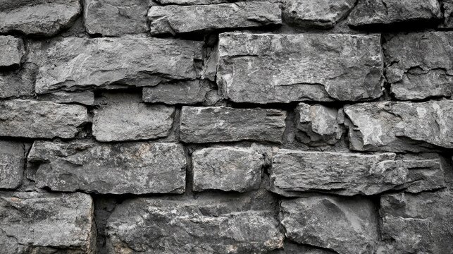 Rough textured gray stone wall with irregular blocks for architectural and background applications