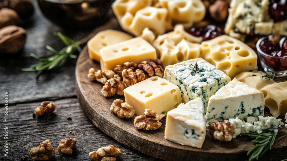 Aufkleber Cheese platter featuring hard nut cheese assorted with snacks and nuts in a rustic setting on a wooden table.