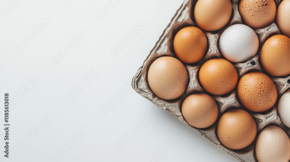 Poster fresh farm eggs in a carton featuring brown and white varieties on a clean background with space for