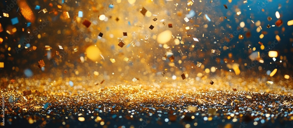 Poster Golden Confetti Raining Down in Festive Atmosphere with Sparkling Background and Space for Custom Text or Message