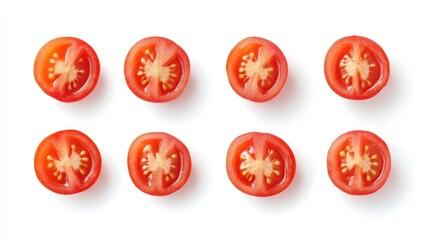 Halved cherry tomatoes arranged in a neat grid showcasing freshness and vibrant colors ideal for culinary and health-related themes