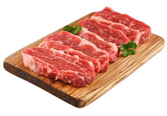 Fresh Raw Beef Cuts on Wooden Board Ready for Cooking or Grilling, Perfect for Culinary Creations and Barbecue Parties with Fresh Herbs Garnish
