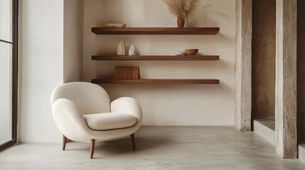 Minimalistic eco-friendly living room featuring cream chair and wooden shelves Inviting cozy interior with ample empty space for design ideas
