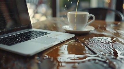 A spilled drink near a laptop on a wooden table, creating a messy workspace.