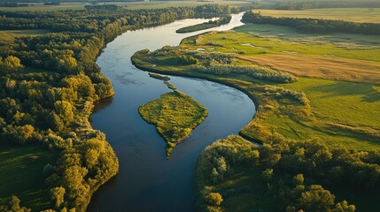 Naklejka premium Lielupe River meandering through lush green landscapes under clear skies showcasing nature's serene beauty and ecological richness.