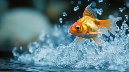 Golden goldfish leaping into water creating a dynamic splash in a serene aquatic environment capturing vibrant underwater life.