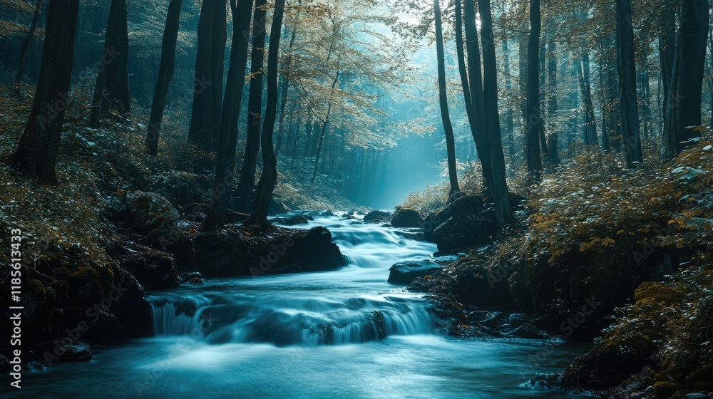 Poster tranquil blue stream winding through an enchanting forest landscape with ethereal light filtering th
