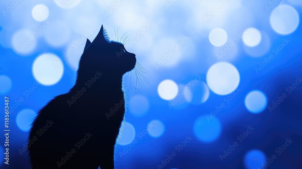 Poster black cat silhouette against a blue background with glowing orbs creating a mystical ambiance ideal 