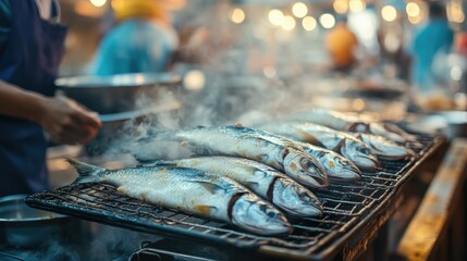Grilled fish sizzling on a street food grill in a vibrant market setting with warm ambient lighting