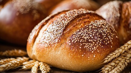 Freshly Baked Wheat Bread with Sesame Seeds Surrounded by Wheat Grain Blades Close Up Selective Focus
