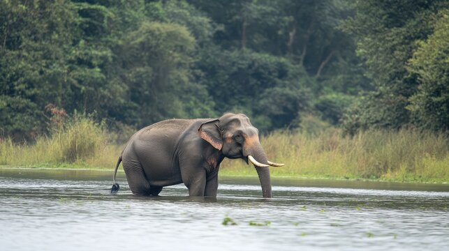 Majestic male Indian elephant with large tusks wading through serene waters surrounded by lush greenery in its natural habitat