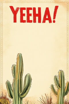 western style blank YEEHA invitation design with cacti in the desert, text space and cowboy border