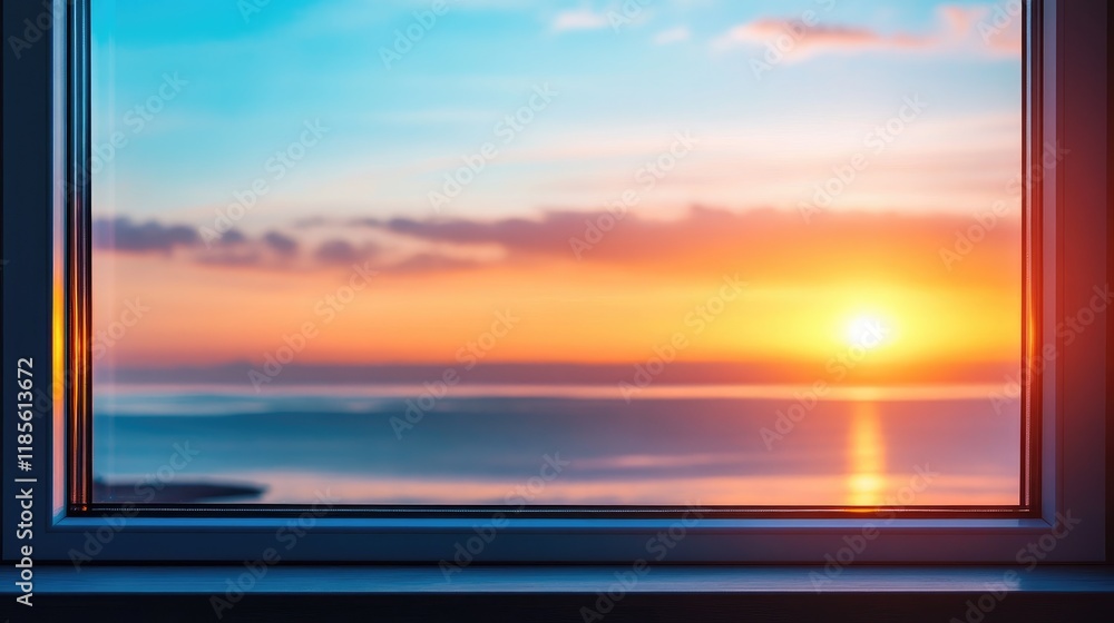 Poster serene sunset view from home window with vibrant seascape reflection and warm colors creating a tran