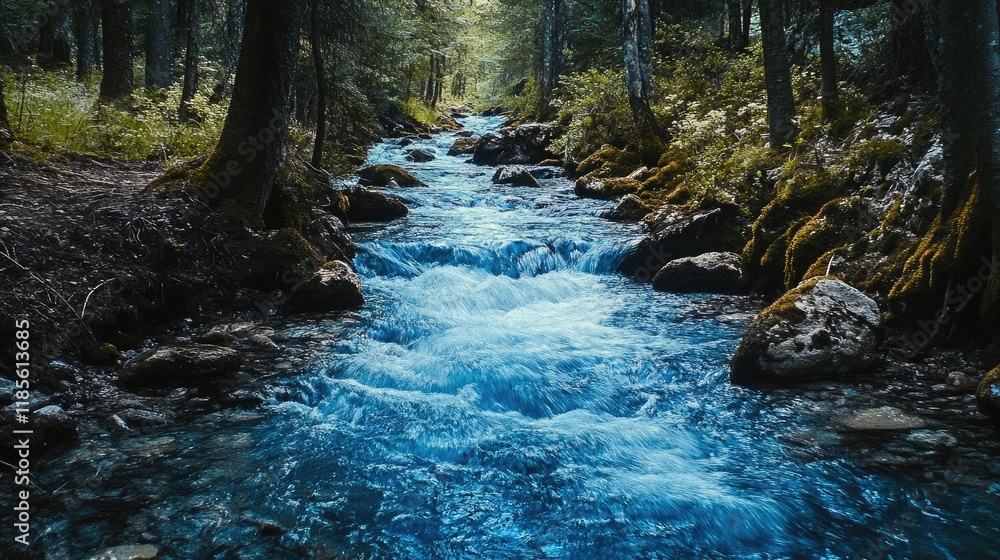 Poster flowing azure stream meandering through a lush green forest with sunlight filtering through the tree