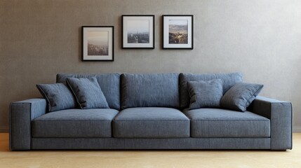 Fototapeta premium Modern Gray Sofa with Decorative Photo Frames on Wall in Cozy Living Room Setting