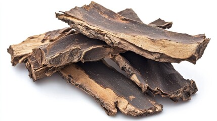 Hardy rubber tree bark known for its use in herbal medicine displayed on a clean white background for natural remedy concepts.