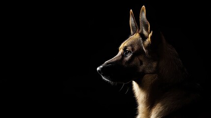 Elegant German Shepherd Profile Against Dramatic Black Background in Studio Lighting