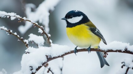 Naklejka premium Great tit bird perched on a snow-covered branch in a serene winter landscape with soft snowflakes falling around it.