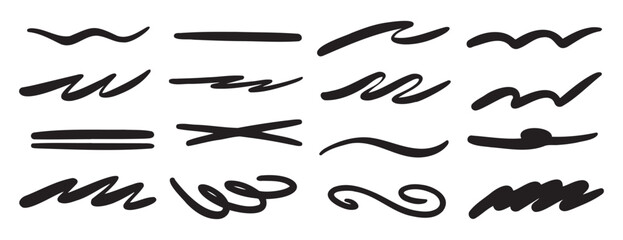 brush scribble underline. Marker pen line highlight swoosh stroke. Vector underline set