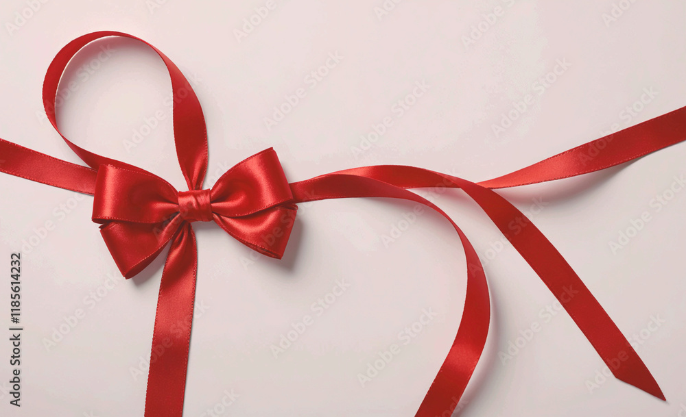 Poster long red ribbon with a bow is placed on a white background. the ribbon is elegantly draped and the b