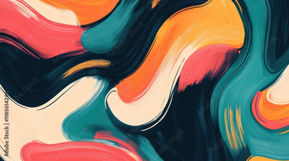 Poster vibrant abstract art with dynamic brushstrokes showcasing flowing shapes and a bold color palette in