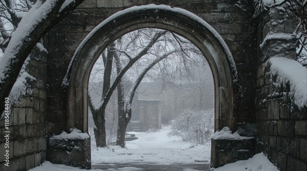 Poster winter archway framed by snowy landscape and bare trees creating a serene atmosphere in a frosty env