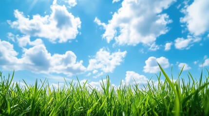 Obraz premium Lush Green Grass Under Bright Blue Sky With Fluffy White Clouds In A Tranquil Natural Environment