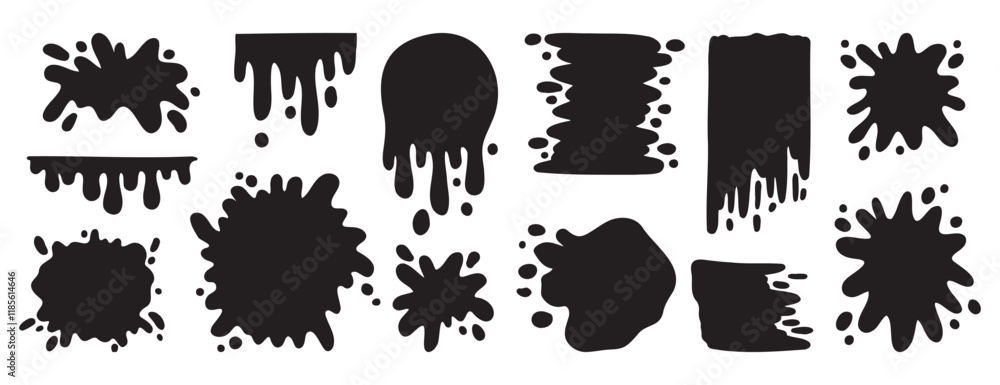 Poster paint splatter and different blob splash shapes doodle hand drawn icon. paint splatter and different