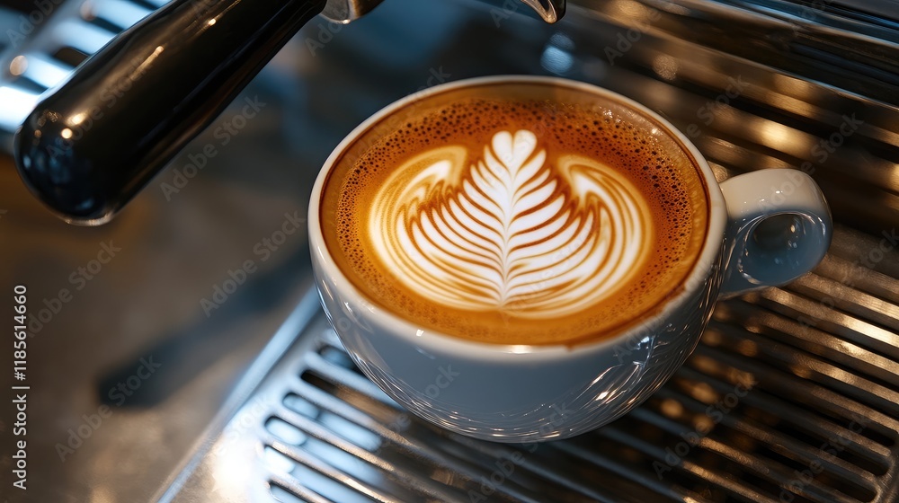 Poster close up of freshly brewed espresso coffee with beautiful latte art in a cozy cafe setting, featurin