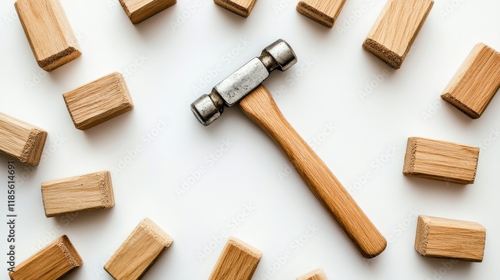 Poster hammer and wooden blocks arranged on a white background symbolizing construction tools craftsmanship