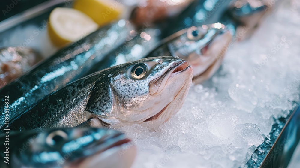 Poster freshly caught fish displayed on ice with lemon slices in a seafood market setting for culinary use 