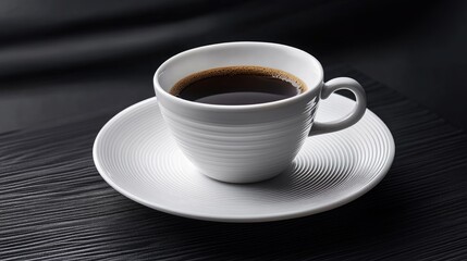 Fototapeta premium Elegant Espresso Coffee in a White Cup on a Textured Black Surface with Steaming Aroma and Rich Dark Color