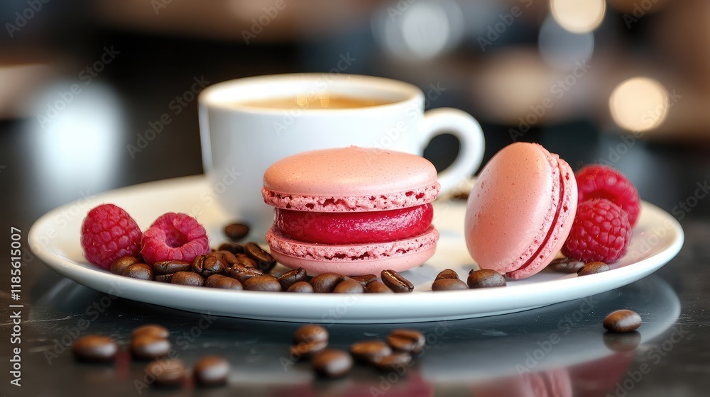 Poster espresso served with raspberry macarons and coffee beans on a white plate in an elegant cafe setting