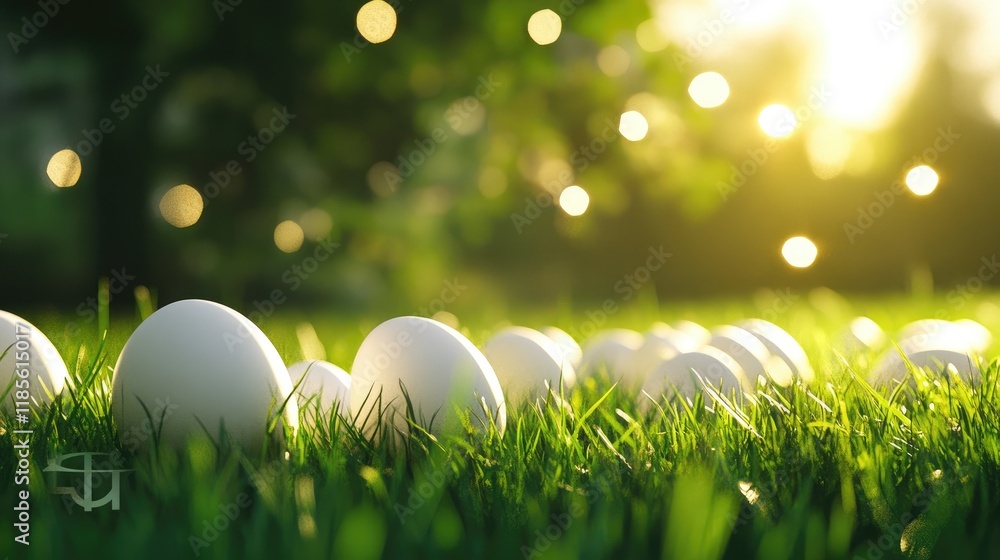 Aufkleber fresh white eggs displayed in green grass with soft sunlight and bokeh background creating a serene 