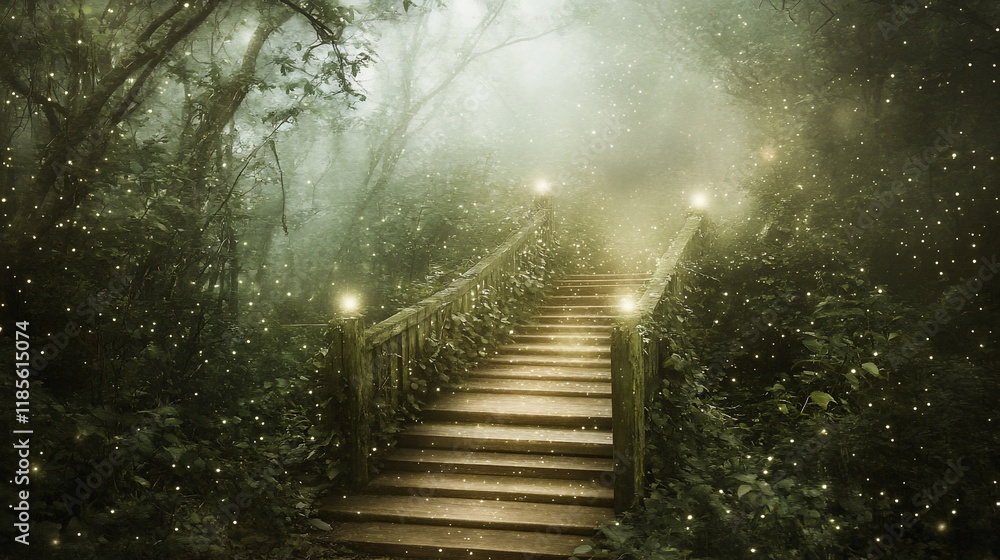 Poster a mystical forest path illuminated by soft lights, inviting exploration and wonder.