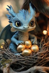 Obraz premium Baby blue dragon with golden eggs in a nest, forest floor, whimsical light