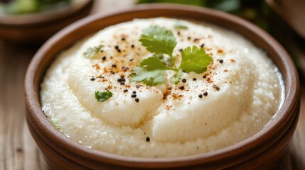Traditional Indian Idli served in a clay bowl garnished with coriander and spices on a rustic wooden table background