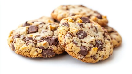Deliciously crumbly chocolate chip cookies stacked on a white background perfect for advertising baked goods or dessert recipes