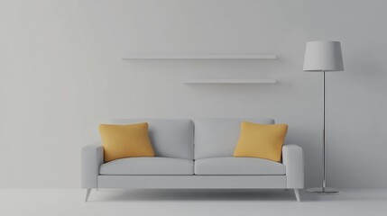 Minimalist living room design featuring a gray sofa with yellow pillows, a modern lamp, and a sleek wall shelf for decor elements