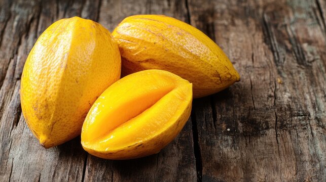 Canistel fruit also known as eggfruit on rustic wooden surface highlighting its vibrant yellow color and unique texture and flavor