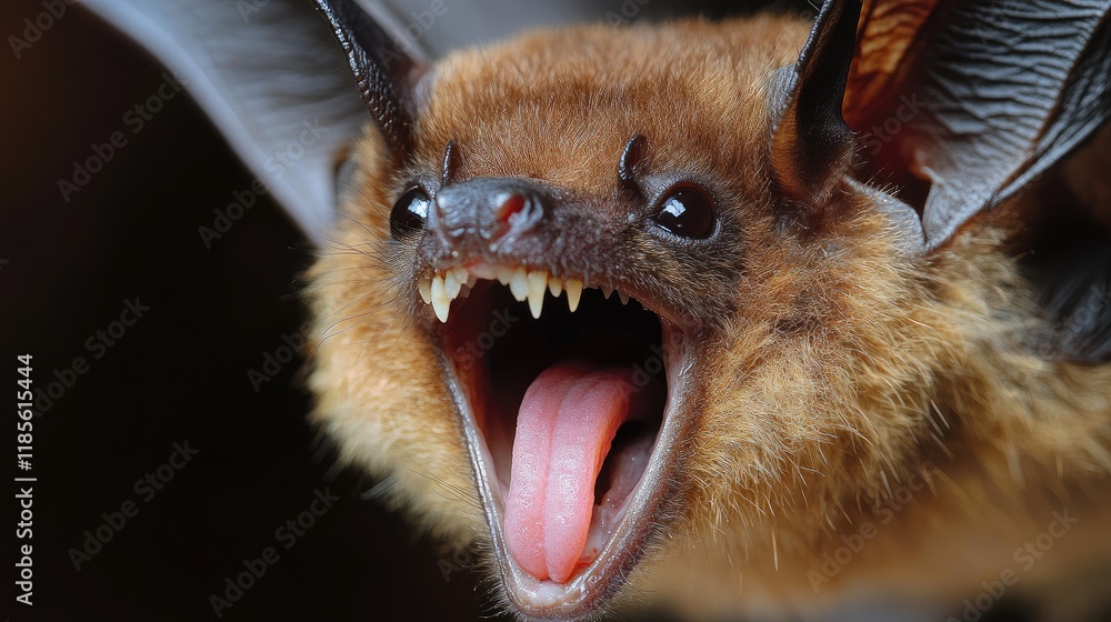 Poster greater long-nosed bat showcasing distinctive tongue and fangs in a close-up portrait capturing uniq