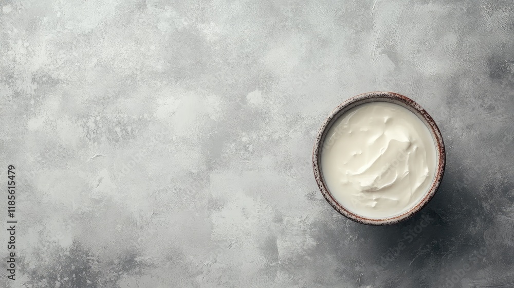 Poster greek yogurt in rustic bowl on textured gray background vertical orientation with ample copy space f