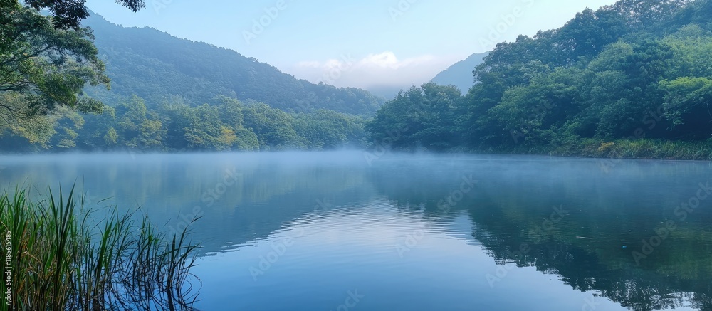 Aufkleber misty lake at dawn surrounded by lush forest creating a peaceful serene atmosphere ideal for nature-