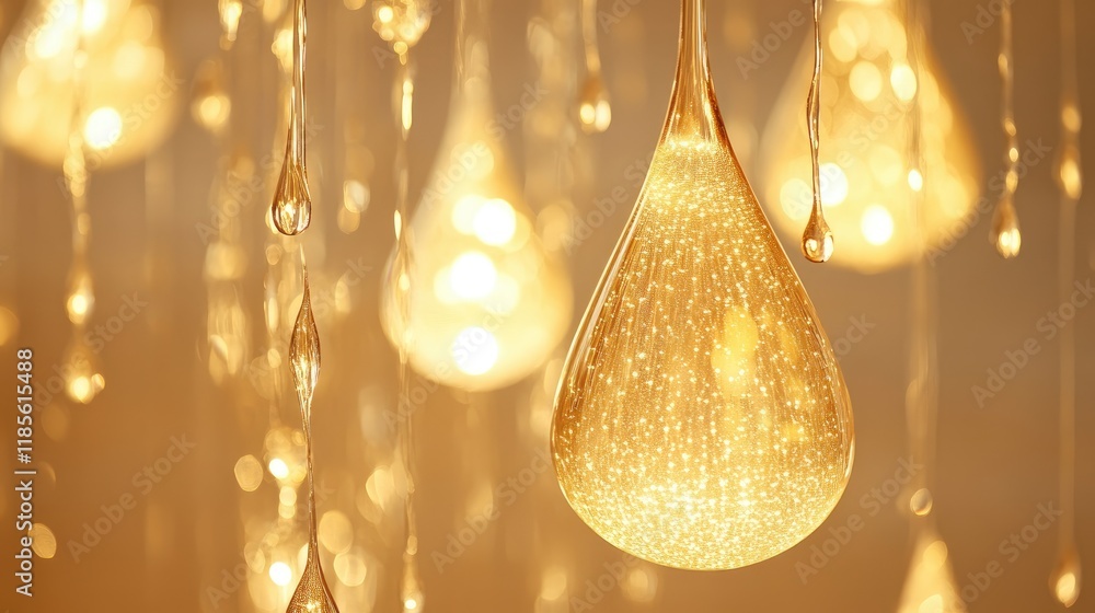Poster golden droplets on glass illuminated by warm light creating an elegant and dreamy atmosphere suitabl
