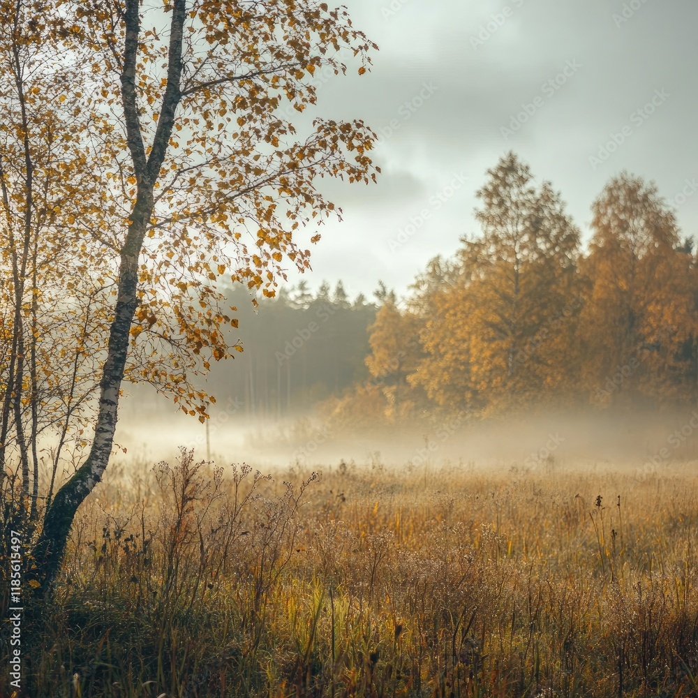Poster misty autumn morning fog in forest marsh with trees and open field dramatic atmosphere for text plac