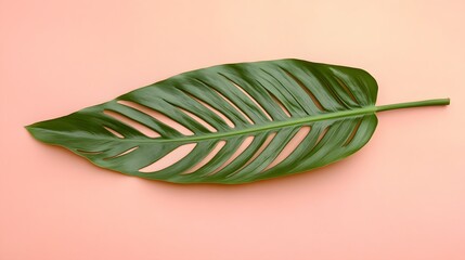 Obraz premium A single tropical leaf rests on a peach background
