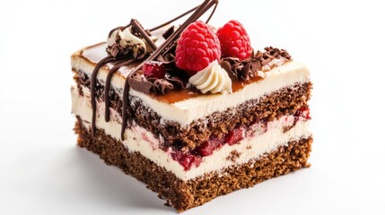 delicious chocolate berry birthday cake slice with raspberries and chocolate decoration on white background
